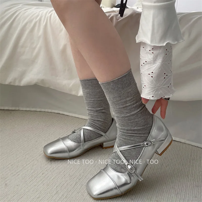 SP&CITY Summer Gray Mid Tube Pile Socks Women\'s Lolita Anti Pilling Cotton Socks Korean Simple Solid Color Casual Long Socks