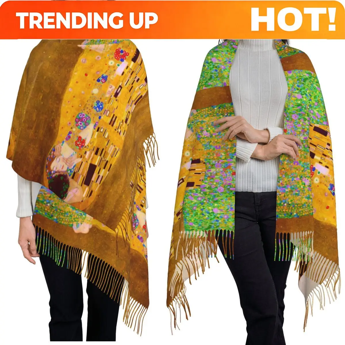Customization Gustav Klimt The Kiss Abstract Freyas Art Scarf Tassel Scarves Women Soft Warm Shawls And Wraps Long Fall Winter S