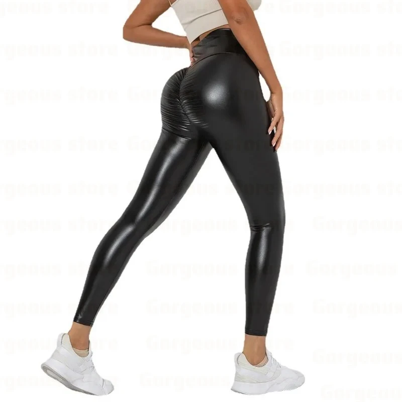 Push-Up Hüftformer-Leggings mit Raffung, Hochgeschnittene Schlanke Sexy Damen-Hose mit Po-Lift-Effekt, Enge Bleistifthose aus PU-Leder für den Club