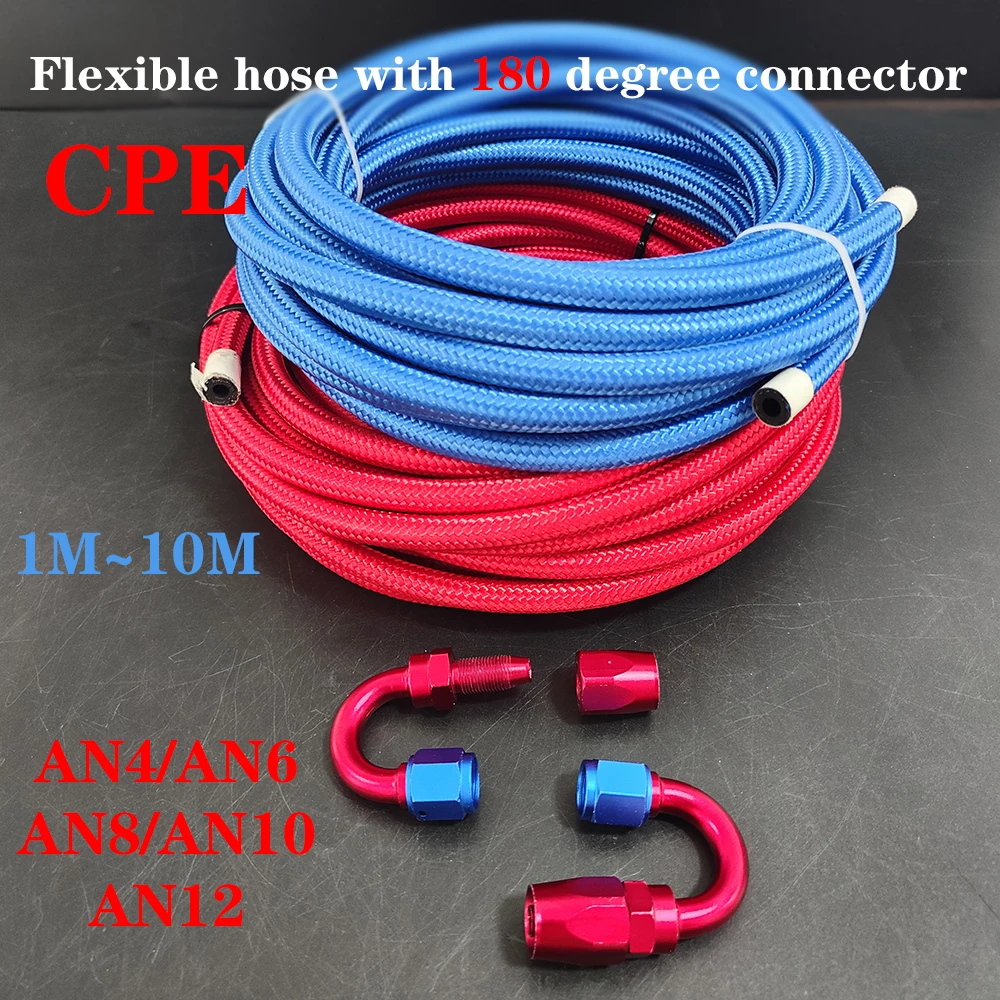 

Customizable Red/Blue Nylon stainless steel braided inner CPE fuel hose, oil and gas cooler hose+180°connector1M~10MAN4~A12