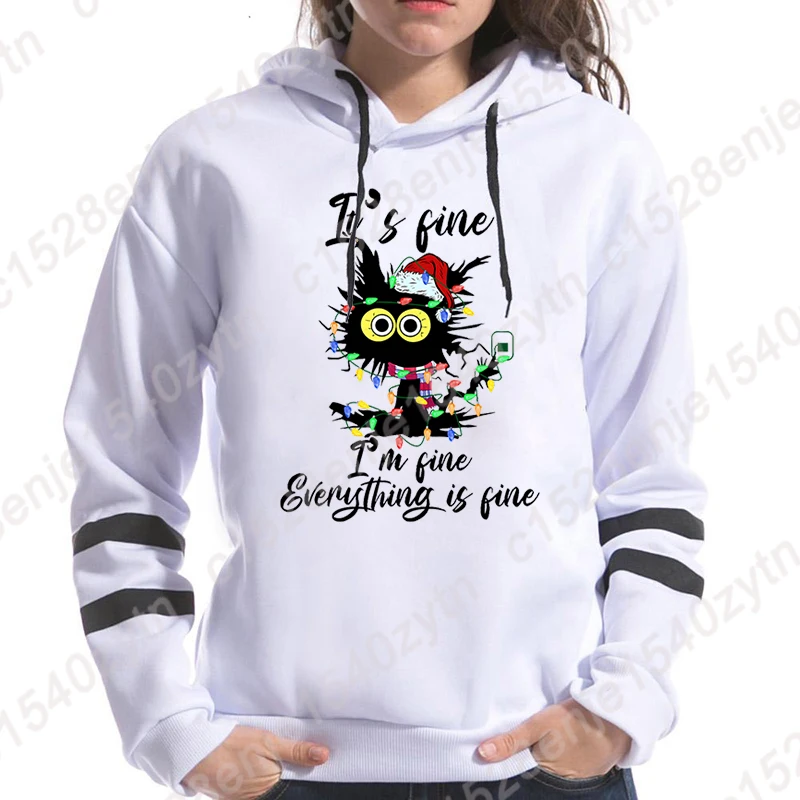 Christmas Light Cat It\'s Fine I\'m Fine Everything Is Fine Print Hooded Hoodie Women Plus Size Sweatshirt Autumn Winter Pullovers