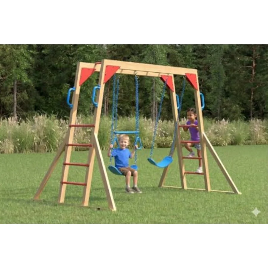 

Wooden Swing Sets for Backyard Outdoor Playground Sets with Monkey Bars Belt Swings Imported Spruce Color Green