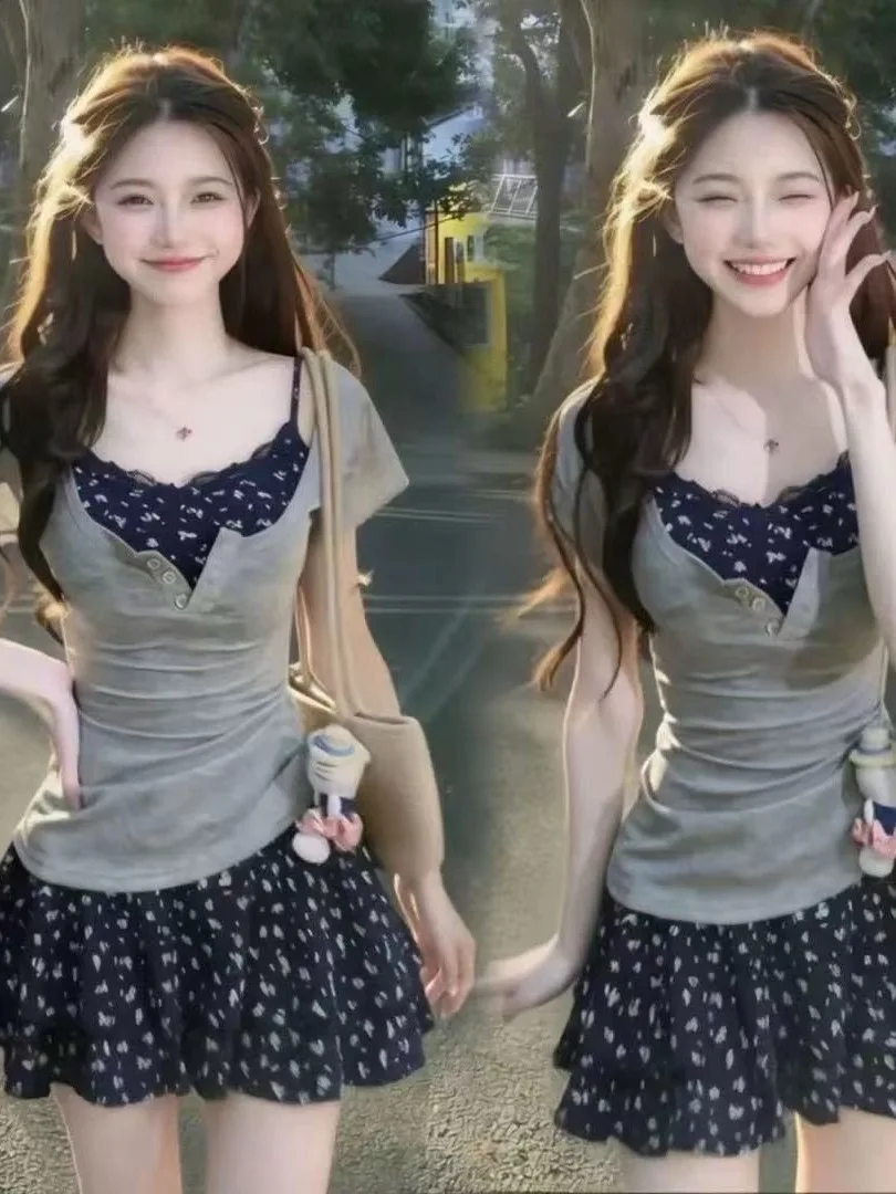 

Summer Floral Print Halter Dress Set Women's High Waist Short Skirt Ensemble Breathable Polyester V-Neck Sleeveless Outfit