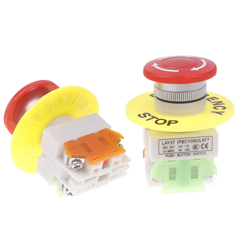 1Pc Mushroom Cap 1NO 1NC DPST Emergency Stop Push Button Switch AC 660V 10A Switch Equipment Self Lock Lift Elevator Latching