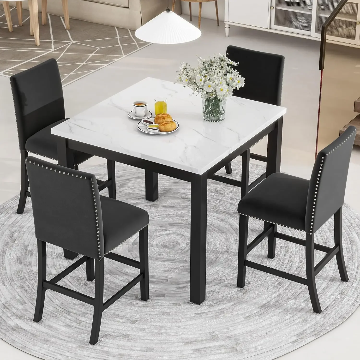 Dining Table Set, 5 Piece Counter Height Dining Table Set with Faux Marble Dining Table and 4 Upholstered-Seat Chairs, Black