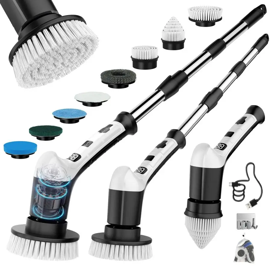 

Spin Scrubber with 3 Speed, Adjustable Extension Handle, 8 Brush Heads,Cordless Power Cleaning Brush for Bathroom, Tile, Kitchen