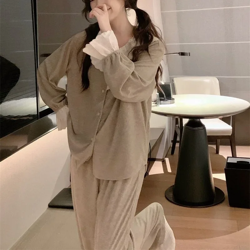 2024 Korean Style Pajamas Sweet Spring Autumn Sleepwear Women Long Sleeve Solid Color Home Suit V-neck Lace Nightdress