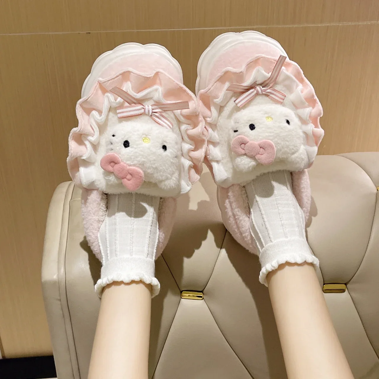 Kawaii Sanrio Hello Kitty Fuzzy Slipper Cinnamoroll Kuromi My Melody Women Winter Plush Non Slip Slippers Cute Home Flat Shoes