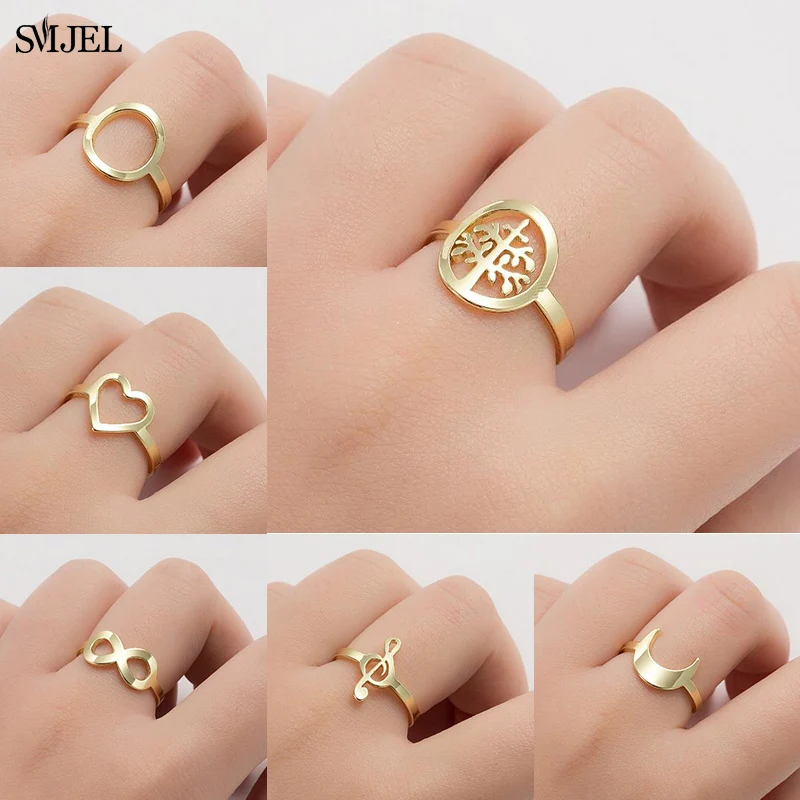 Simple Round Tree of Life Rings for Women Bohemian Mandala Flower of Life Wave Horn Rings Adjustable Music Shape Finger Jewelry