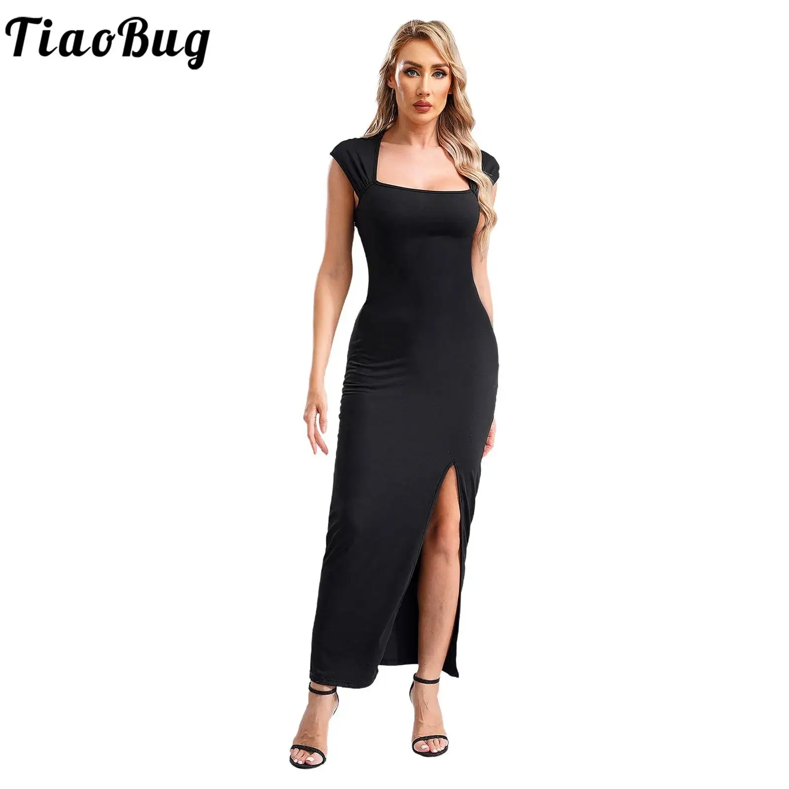 

Womens Elegant Bodycon Dress Cocktails Party Square Neck Back Cutout Side Split Midi Dress Festival Rave Dance Clubwear Dresses