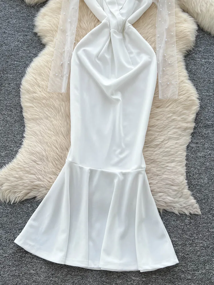Ele witte avondjurk dames Faion Embellied Long Sve Me zeemeermin Dr hoge taille taps toelopende bodycon zomerpar...