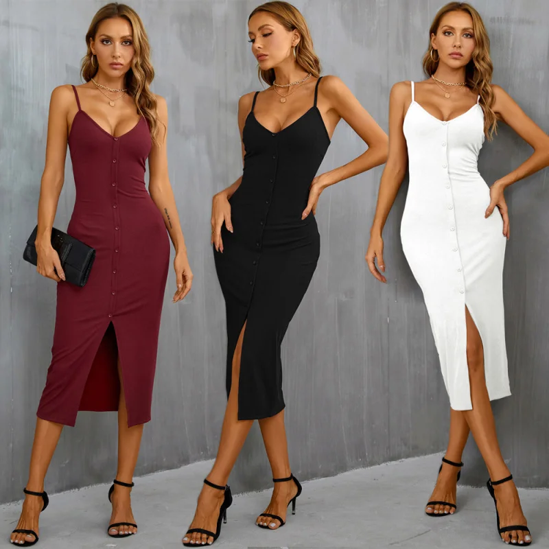 

YQ1-Women's New Hot-Selling Sexy Slit DressVSlim Fit Bodycon Vacation DresspartySuspender Dress