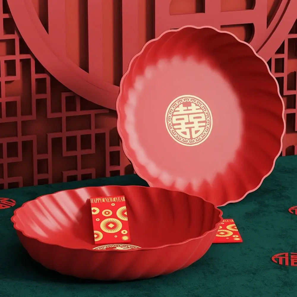 Plateau de service rond en plastique rouge épaissi pour bonbons, collations, fruits, Noël, Nouvel An chinois et mariages