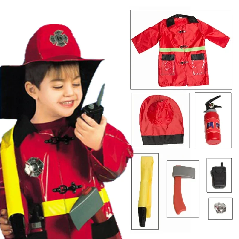  Kids Child Fireman Firefighter Costume Cosplay Kindergarten Role Play House Kit Set for Boys Halloween Party Dress Up