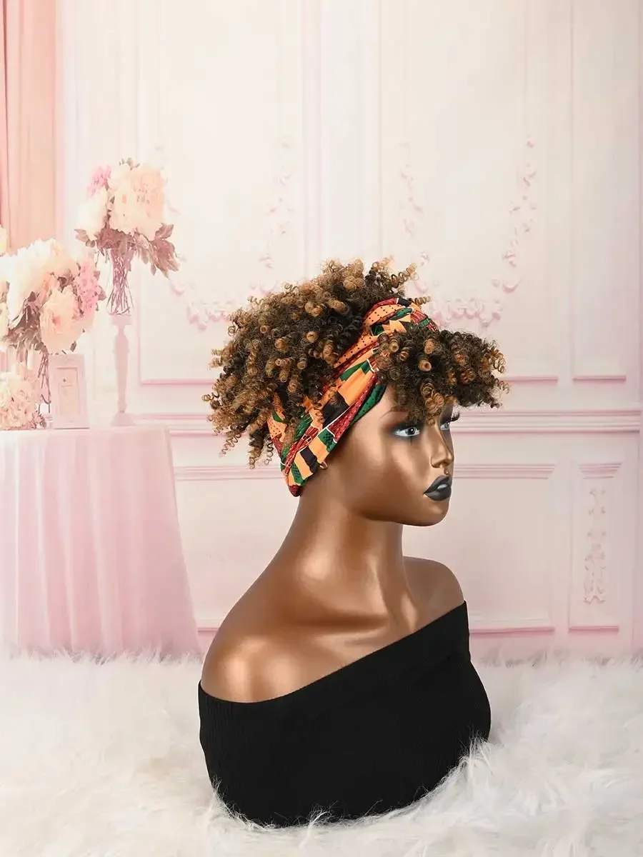 Headband wig curly headband wig with bangs for women synthetic afro curly hair wig with headband attached short kinky curly afro high puff with bangs stripes short red curly wigs with bangs for women, natural wavy synthetic hair, fluffy pixie cut  Factory