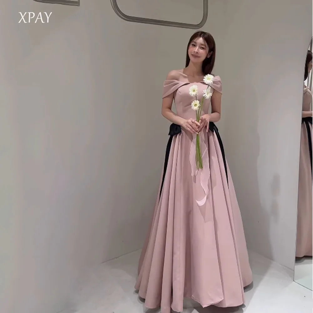 

XPAY Brush pink Evening Party Dress Off the Shoulder Wedding Black bow Ball Gown A-line Korea Photoshoot Prom Dress Customized
