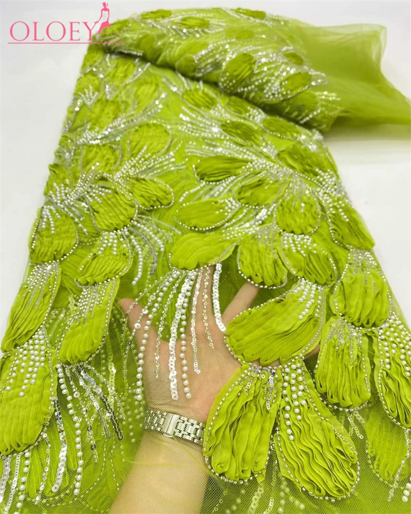 

OLOEY High Quality Embroidered African Sequins Groom Lace Fabric French Tulle 3D Beads Lace Fabrics For Nigerian Wedding