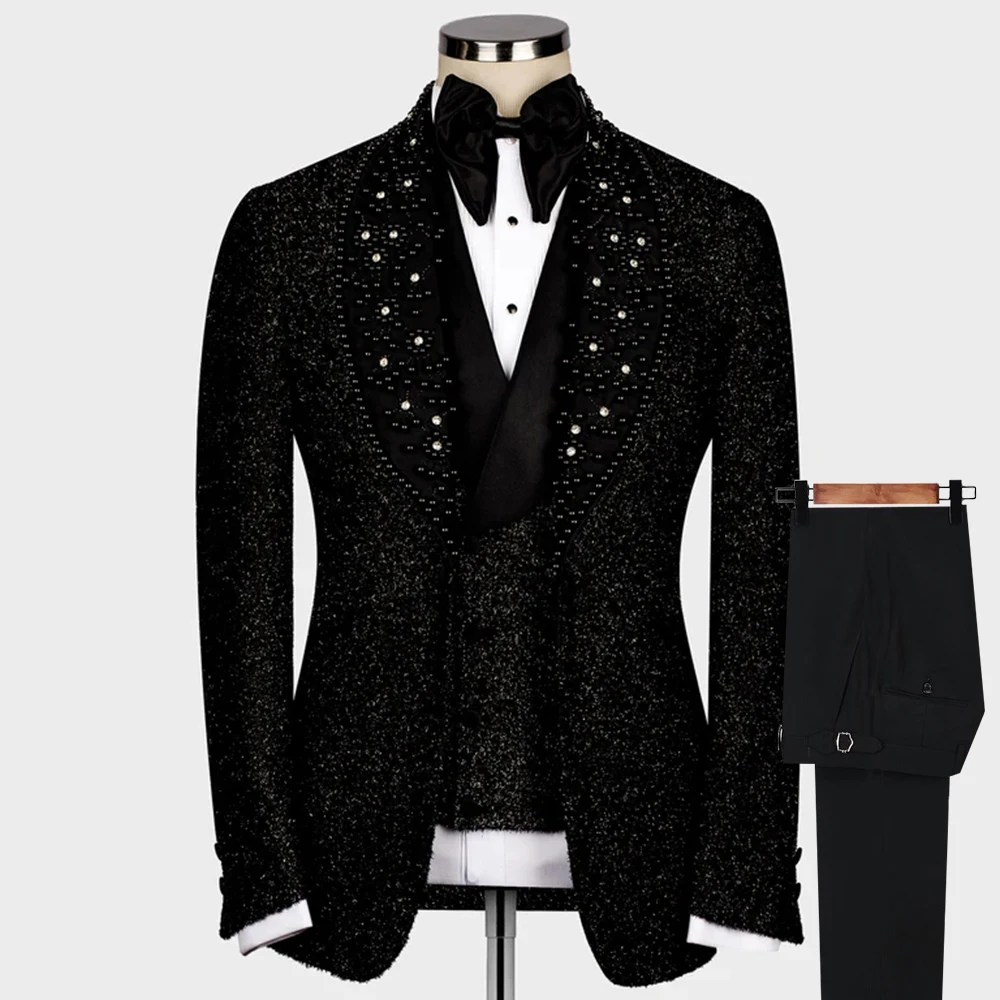 

Exquisite Groom Weddng Tuxedos Sparkly Jewels Pearls Black Lapel Jacket Vest Pants 3 Peices Formal Men's Suits Fit Slim Dress