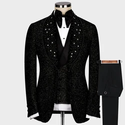 Exquisite Groom Weddng Tuxedos Sparkly Jewels Pearls Black Lapel Jacket Vest Pants 3 Peices Formal Men's Suits Fit Slim Dress