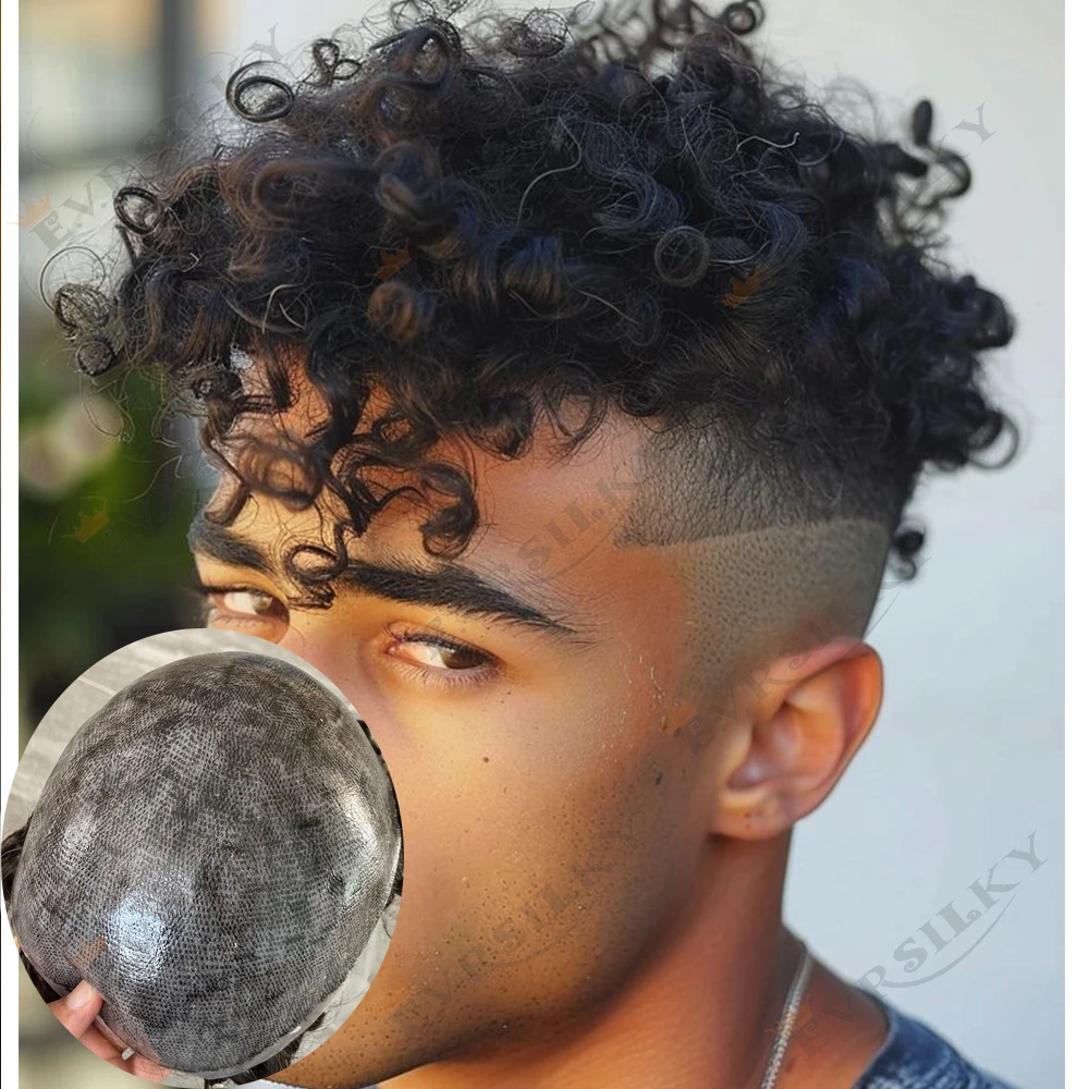 سوبر خط الشعر الطبيعي 18 مللي متر الأفرو مجعد رجل شعر مستعار الشعر المستعار دائم كامل بولي PU أسود ذكر رمادي بني شقراء رخيصة 100% خصلات شعر الإنسان #1