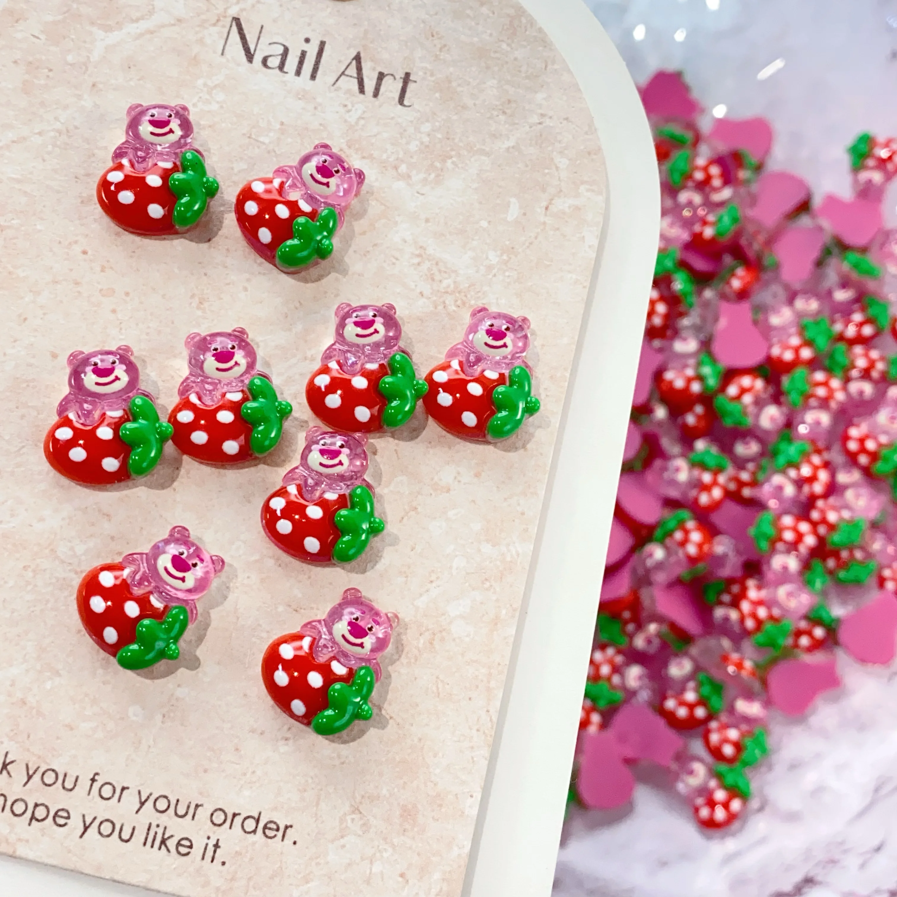 10개 핑크 투명 만화 곰 네일 아트 참 레진 딸기 미니 플랫 백 장식 DIY 휴대폰 케이스 데코레이션