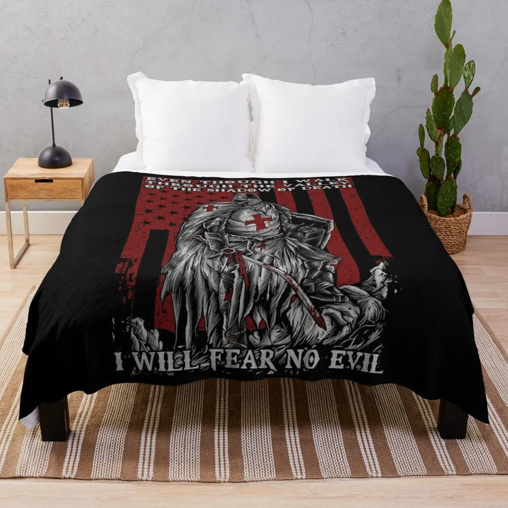 American Knight Templar I Will Fear No Evil Psalm 23:4 Throw Blanket Furry Single Custom Soft Plush Plaid Blankets