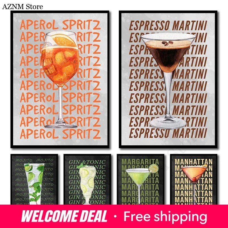1pc frameless Canvas Painting Aperol Spritz Gin and Tonic Espresso Martini Mojito Cocktails Font Art Poster Canvas Printing W