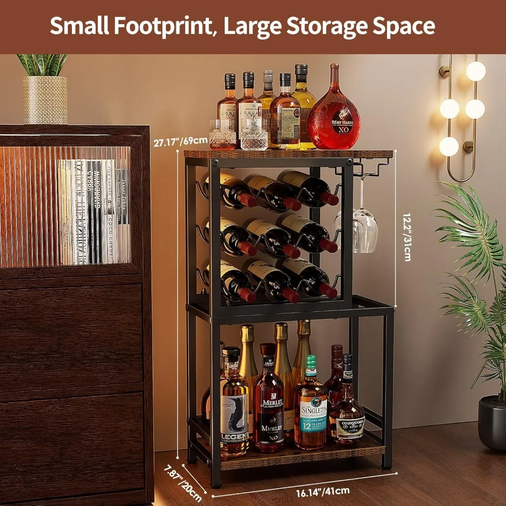 3-Tier Freestanding Wine Rack with Glass Holder, Versatile Liquor Display Stand for Home Bar in Black and Brown