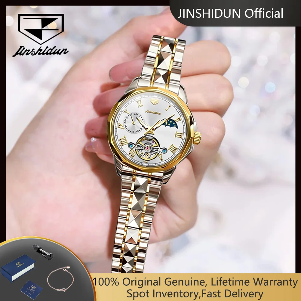 JSDUN 8937 Automatic Watch for Women Hollow Flywheel Original Mechanical Women's Watches Moon Phase Waterproof Ladies Wristwatch