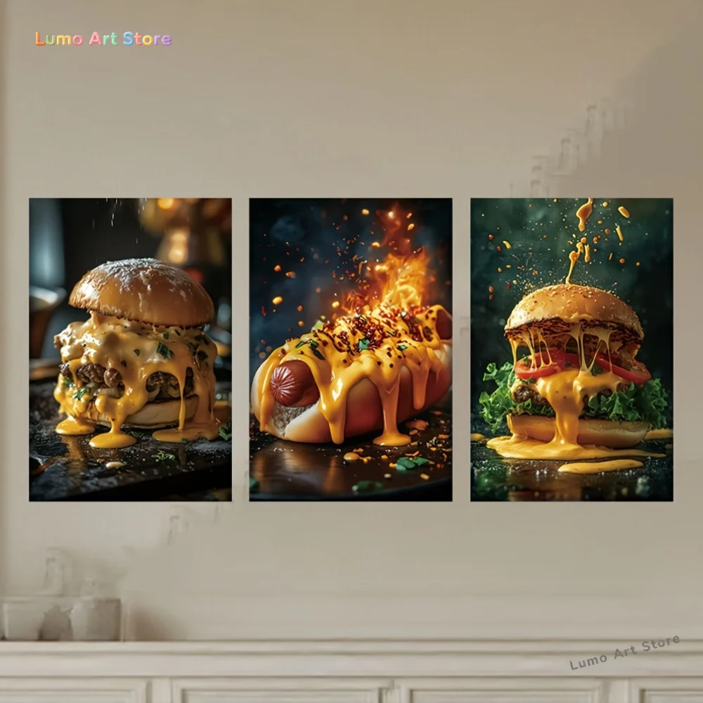 3pcs/Set Canvas Painting--Unframed, Delicious Food, Hot Dogs And Hamburgers, Posters And Prints, Bar, Office, Perfect Birthda