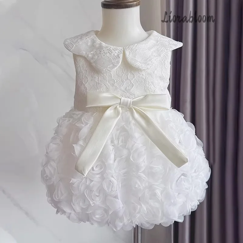 

Girls' White Gown with Floral Hem Designer Formal Wear Elegant Evening Dress deal for Flower Girls Mini Party Attire