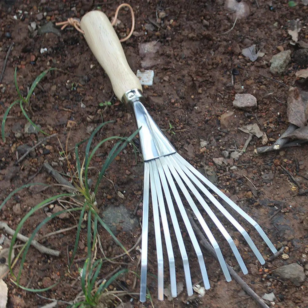 1Pcs Stainless Steel Garden Rake Nine Teeth Agricultural Tool Soil Loosening Digging Hand Rake Comfortable Non Slip Handle