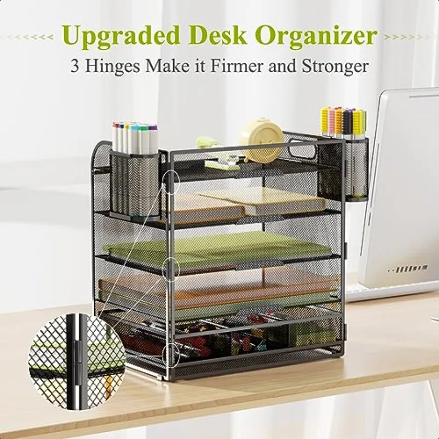 VIEERINN 5-уровневый органайзер для бумаги для стола, лоток для писем с выдвижным ящиком и 2 держателями для ручек, сетчатый сортировщик файлов, настольная полка для документов Stor