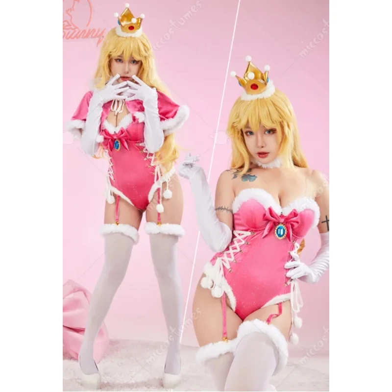 

Mobbunny Women Christmas Peach Derivative Sexy Lingerie Cosplay Costume Bodysuit Plush Romper with Cloak Gloves and Thigh Socks