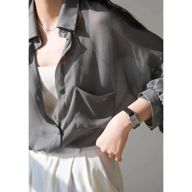 

Thin Simplicity Loose Button Temperament Blouse Summer New Long Sleeve Polo Neck Elegant Shirt Tops Fashion Office Women Clothes