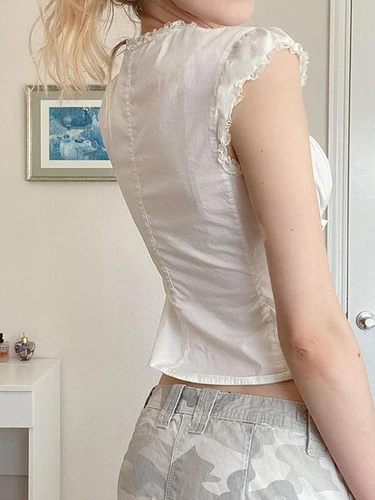 Imagen 2 del producto Camisetas con botones para mujer, manga casquillo, cuello redondo, lazo cruzado, ribete de encaje frontal