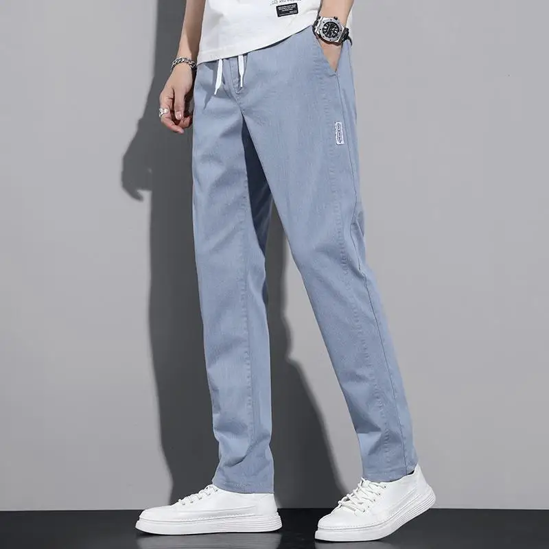 

Весенне-летние тонкие повседневные брюки с эластичной талией, мужские свободные прямые брюки в корейском стиле, летние светлые длинные брюки, модные
