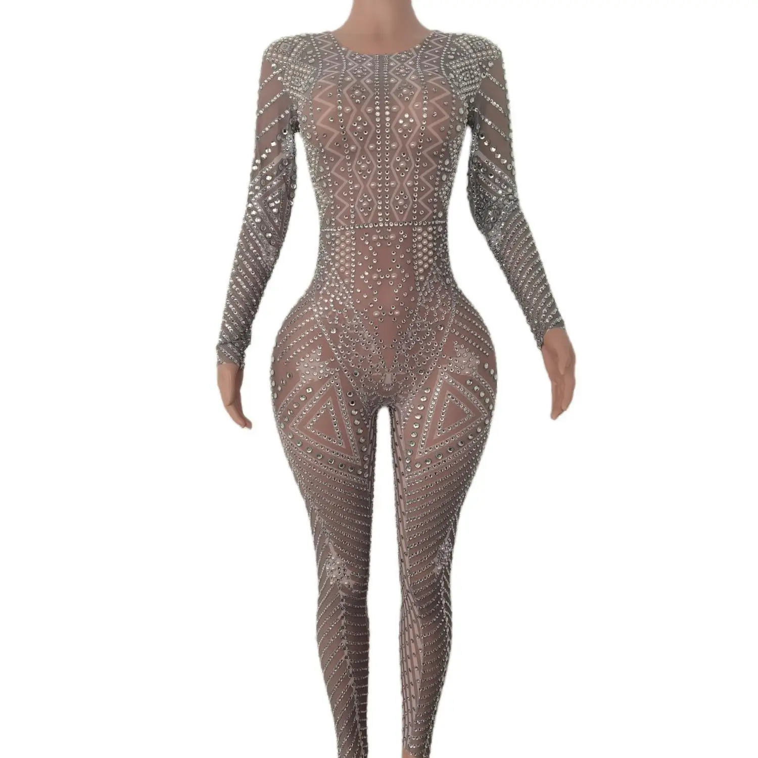 Monos Sequin Rhinestone Pearls Pole Dance Leotard Party Club Transparent Bodysuit Plus Size Women One Piece Bodycon Jumpsuits