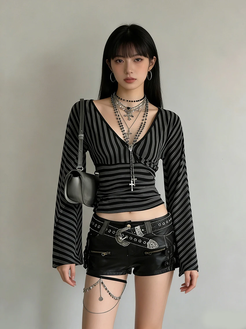 Punk Sexy Waist Cinching Elastic Niche Style Knitted Long Sleeve Top Gentle Temperament Deep Vneck Striped Flared Sleeve T-shirt