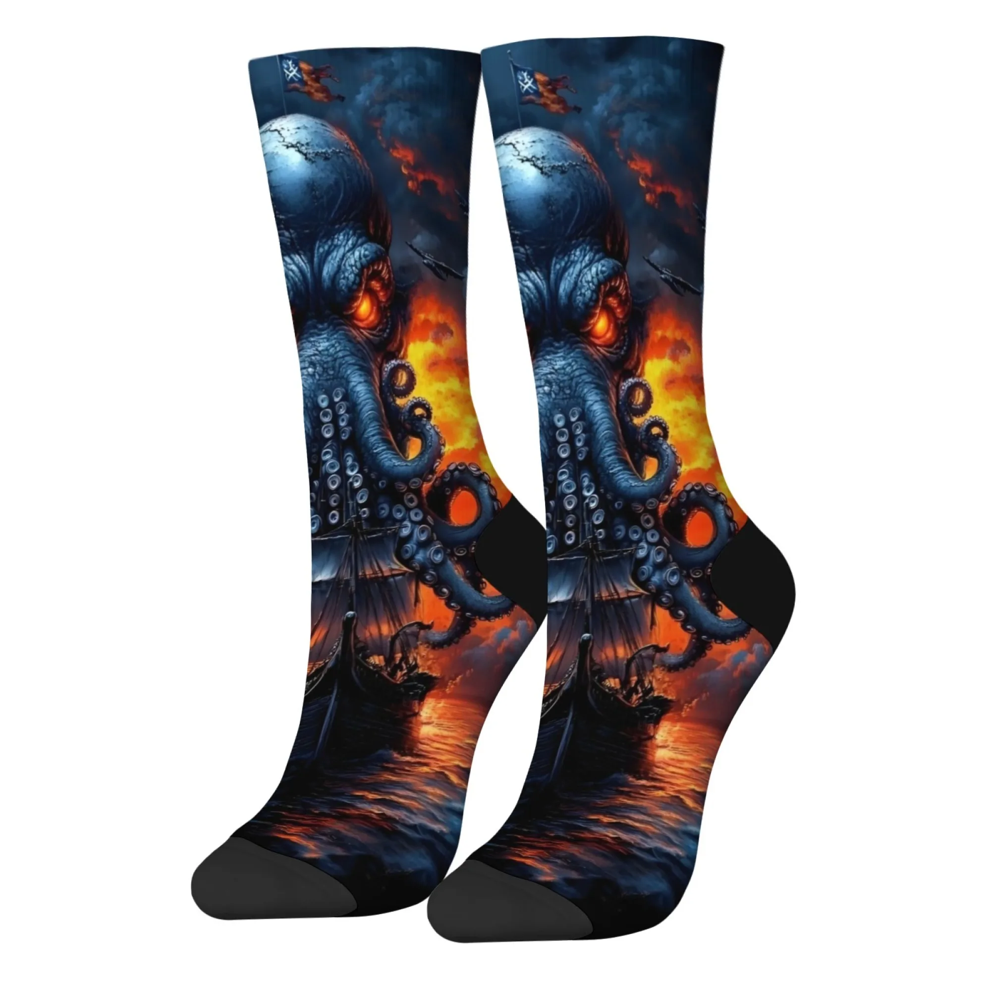 문어 미친 바다 괴물 남성 양말 레트로 스타일 크툴루 신화 테마 참신 재미있는 크루 양말 하라주쿠 스트리트 힙합 행복한 선물