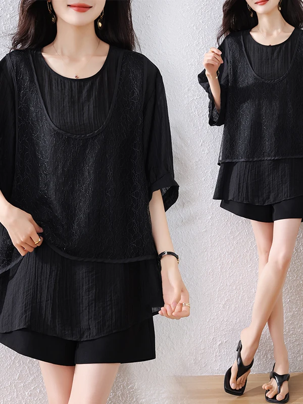 スリム効果のあるツーピースTシャツ、ラウンドネック、ゆったりフィット、通気性、スリム、レディース、夏の新作、ブランド仕立て品