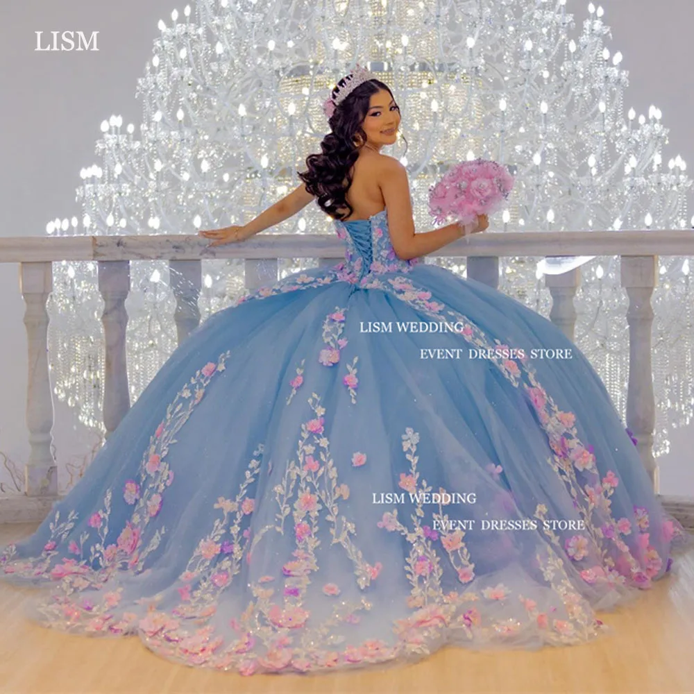 Lism ชุดเดรส15 quinceanera สีฟ้าสวย3D เจ้าหญิงลูกไม้ applique sweetheart Tulle ชุดงานวันเกิดหลัง