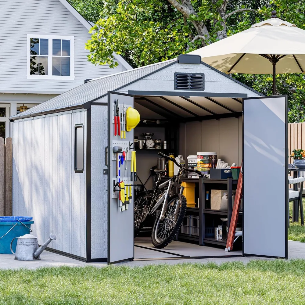 Resin Outdoor Storage Shed, All-Weather Plastic Garden Shed with Floor, Lockable Doors & Windows, Plastic Tool Shed for Poolside