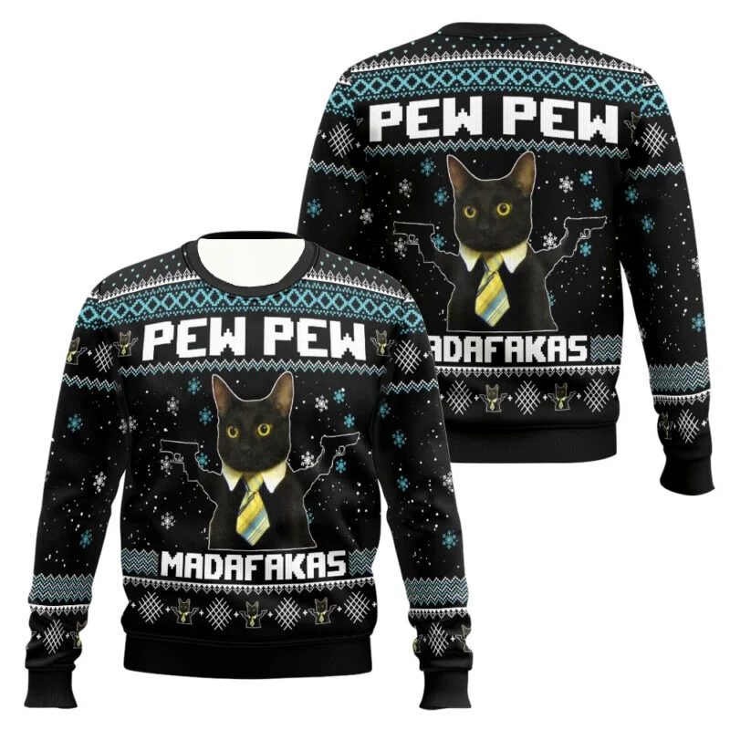 Black Cat Drink Coffee Ugly Christmas Sweaters Multipe Styles Funny Holiday Party Pullover Sweater Family Christmas Gift