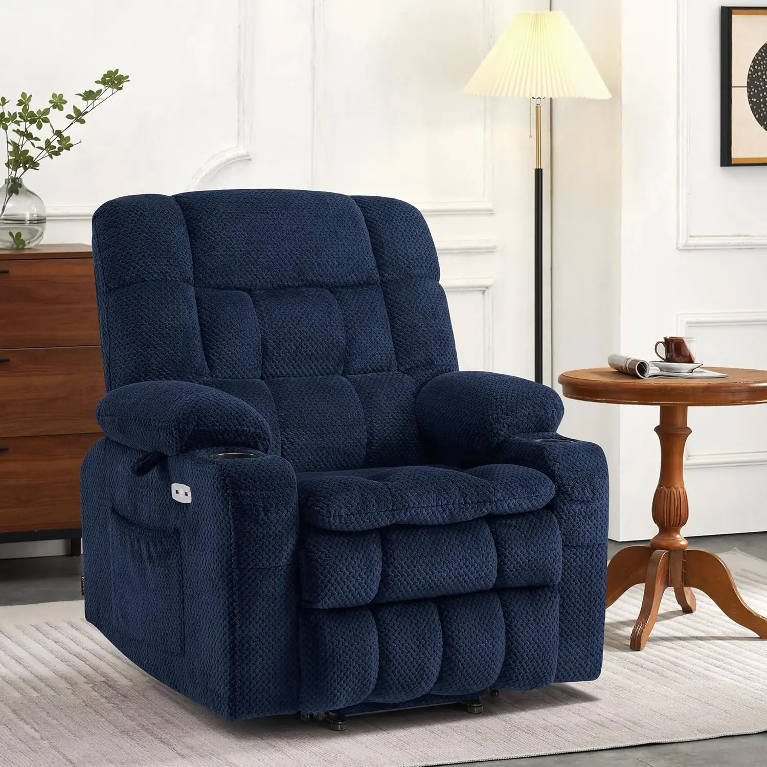 Small Dual Motor Power Lift Recliner Chair Sofa with Massage and Heat for Elderly People Petite Infinite Position Navy Blue