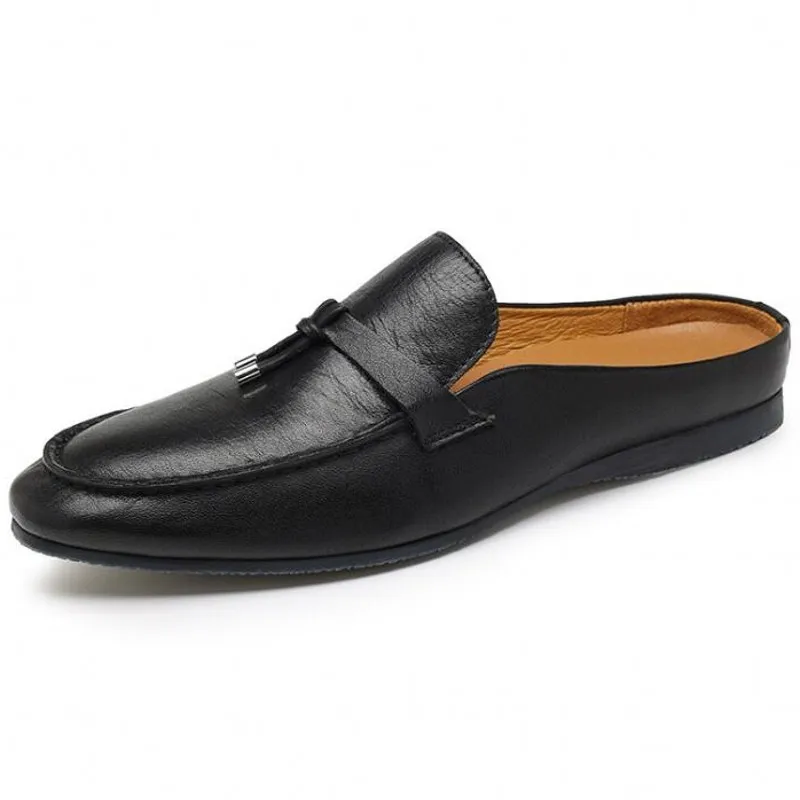 Zapatillas con punta de cubierta para hombre, zapatos informales transpirables de cuero con tacón plano, para exteriores, para caballeros