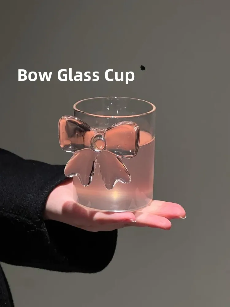 

Pink Bowtie Glass Cup High Borosilie Ele Ladies Beautiful Ins Sle Fruit Juice Wine Glass Durable Heat Resistant Cup
