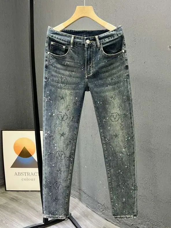 

Heavy Du Rhinestone Men's Slim Fit Jeans Casual Elastic Retro Long Pants Korean Version Faionable Denim Jeans for Youth