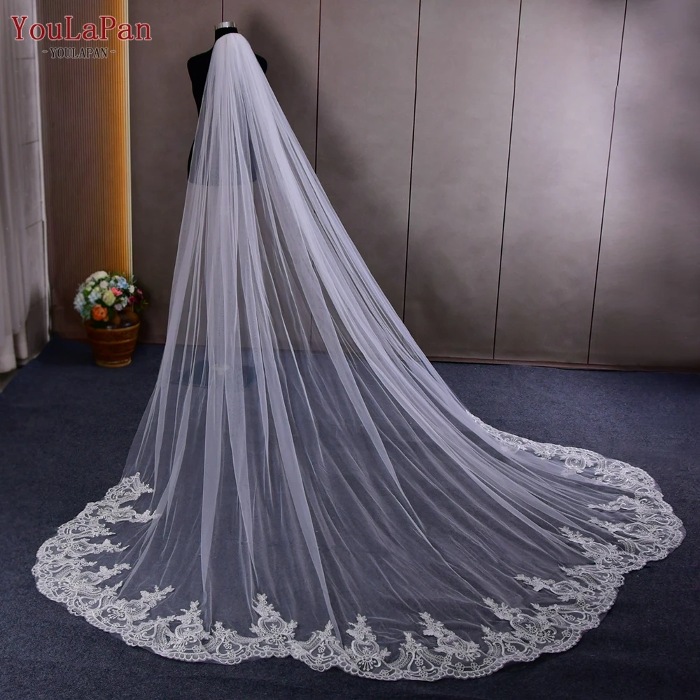 YouLaPan Luxury Wedding Veil Spanish Mantilla Cathedral Bridal Veil Scallop Lace Embroidery Shape Swiss Voile with Comb V166