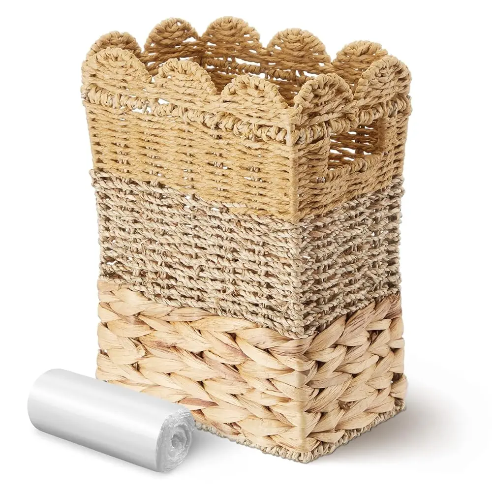 

3.5 Gallons Square Scallop Shaped Woven Trash Can Wicker Waste Basket with Handles, Wicker Trash Can with 50 Small Garbage B